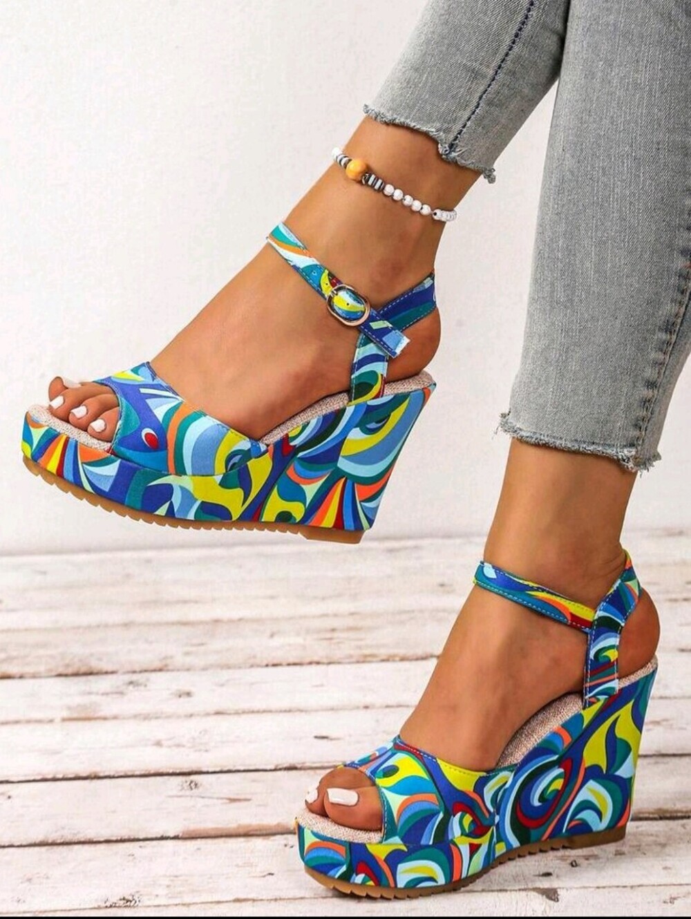 Colorful Blue Swirl Wedge Sandals - Women's Platform Heels SIZE 7